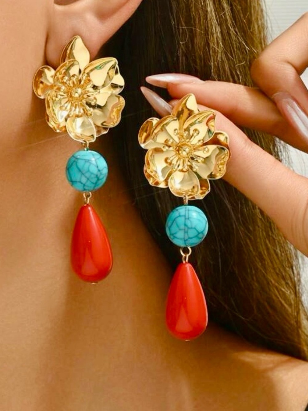 Floral Drop Earrings |Retro Gold Flower Turquoise & Red Resin Statement Earrings - Picture 5 of 6
